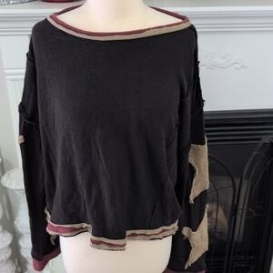 Free People, We The Free Black Top With Brown Stars On Sleeves Size XS